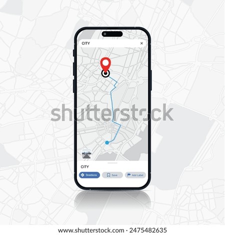 Smartphone Map App with GPS Navigation and Red Marker Pin Point on Screen. Vector Illustration of App Search on Line Maps Background