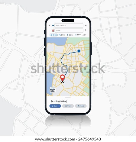 Smartphone Map App with GPS Navigation and Red Marker Pin Point on Screen. Vector Illustration of Map Application, City Navigation Maps, and Location Tracking.