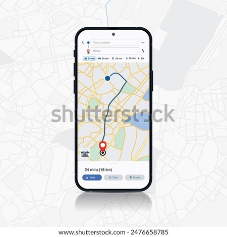 Smartphone Map App with GPS Navigation and Red Marker Pin Point on Screen. Vector Illustration of Map Application, City Navigation Maps, and Location Tracking.