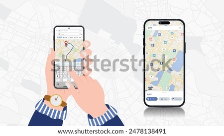 Hand Holding Smartphone GPS Navigation Map App with Red Location Marker. Map Application, City Navigation Maps, and Location Tracking. Vector Illustration.