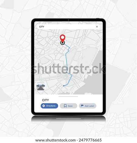 Tablet Computer with GPS Map App. Smart Device App Tracking route and Navigation. Tablet with tracking on online map. Vector.