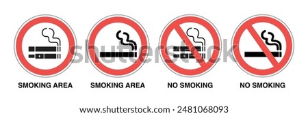 No Smoking and Vaping Allowed Signs. Cigarette and E-Cig Prohibition Symbols. Smoking Area Vector Illustration.