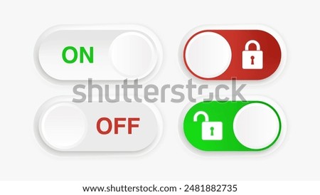 Toggle Switch Icons. 3D On and Off, Lock and Unlock Material Design Button Set. Active and Inactive UI Icons. Stock Vector Illustration.