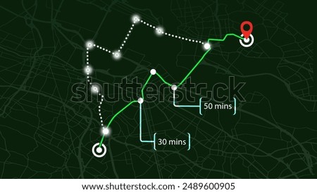 City Street Maps and Road GPS Navigation Map Vectors. City Top View. Route Distance and Turning Suggestions with Red Pin Marks. Vector.