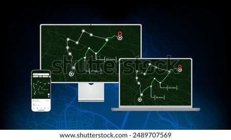 Detailed City Street Maps  GPS Navigation Vectors. Top View, Route Distance, Turn Suggestions, Red Pins for Desktop, Laptop, Tablet and Smartphone. Vector.