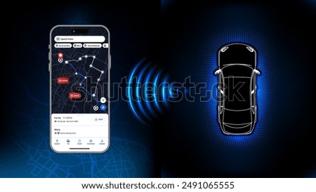 Car Location Detection and Smartphone Navigation App with GPS Tracking and Illuminated Route Dashboard. Futuristic Vector Illustration