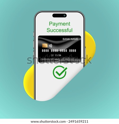 Realistic 3D Smartphone and Credit Card in a Hole Mockup: Successful Wireless Payment Processing for Online Shopping. Vector.