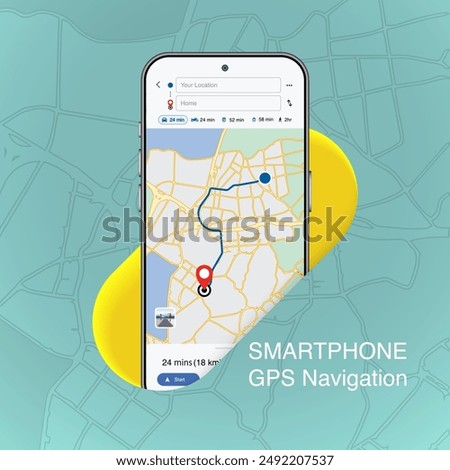 Smartphone and Mobile GPS Navigation App UI or UX Design Concept. City maps, Location tracking, Route planning, Map navigation, City streets GPS tracking. Vector.