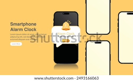 Smartphone Alarm Clock with Alert Ring Bell Mockup Banner. Front View of Cell Phone with Notification. Mobile Phone with Push Message App on Screen. Vector.