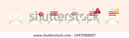 Pastel 3D Email Icon Set: Envelopes, Check Email, Message Notifications, Messages Alert, Security and Communication Symbols. Vector.