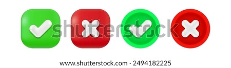 Green Check Mark Tick and Red Cross X Icons on Round and Square Backgrounds - Approved True, Rejected False Symbols. Vector.