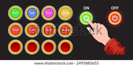 Human Hand Finger Pressing Neon Glowing Light Button for Stop, SOS, Help, Alarm, On and Off. Vector illustration.