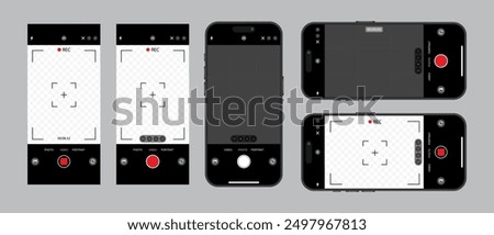 Horizontal and vertical photo camera on screen of Smartphone with interface. Viewfinder, Grid, Buttons, Lights, and Focus Controls in Mobile Photography Apps. Vector