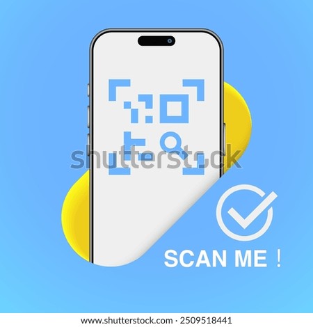 Smartphone QR Code Scan Me Template for App Screenshots. Ideal for Landing Pages, UI, Web, Mobile Apps, Banners and Flyers. Vector Illustration for QR Verification.