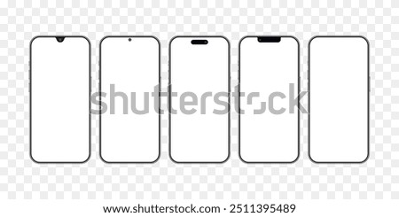 High-Quality Smartphone Mockup Set with Transparent Screen - Detailed 3D Black Mobile Phone Front View Templates. Vector.