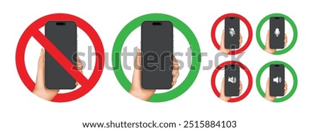 Mobile Phone Usage Signs. Allowance and Prohibition Symbols, Plus Mic and Speaker On and Off Icons - Vector Illustration