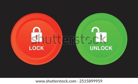 Red and Green Lock and Unlock Icons: Open and Closed Padlock Button Set. Security Vector Illustrations