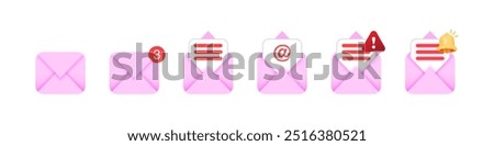 3D Pink Envelope Icon Set: Open and Close Envelopes with Bell, Check Mark, and Exclamation Mark for Email Notifications and Send Messages. Vector.