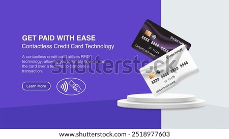 Contactless Credit Card Technology Mockup Banner: Showcase Bank and Discount Cards for Finance and Shopping. Vector.