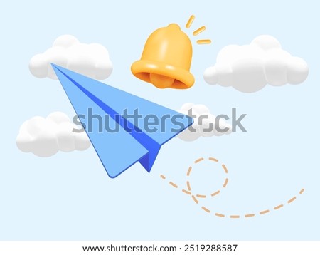 3D Paper Plane in Sky with Yellow Bells and Clouds: Ideal Design Concept for Content Marketing, Notifications, Subscriptions, and Newsletters