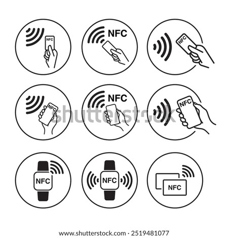 NFC Wireless Payment Technology Icons Set. RFID Cards, Access Control, Contactless Transactions, Smartphones, Smartwatches, and Mobile Payment Solutions. Vector.