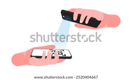 Hand Holding Smartphone for QR Code Payment in Retail Store. Customer Scanning QR Code on Another Smart Device's Screen. Vector.