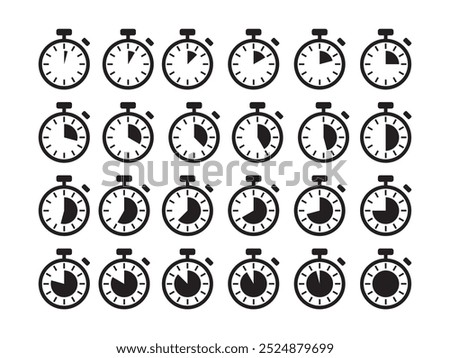 Complete Timers Icon Set: Countdown Timer Symbols for Every Minute, Stopwatch Designs and Minute Markers. Vector Collection