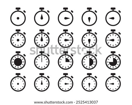 Stopwatch Icon Set: Line and Glyph Designs for Countdown Timers. Stopwatch Designs and Minute Markers. Vector.