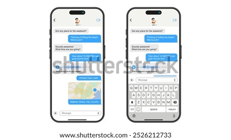 Smartphone Messaging: Chat App Frame with Speech Bubble, Map Sharing, and Voice Message Features. Vector.