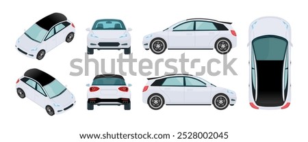 White Car Vector Template: All Angle 3D Views - Isometric, Front, Rear, Side, and Top - Business Hatchback and Sedan Mockup