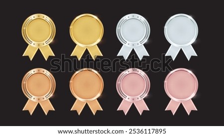 Gold, Silver, Bronze, Rose Gold Medals with Ribbons. First, Second, Third Place Awards. Sport and Movie Championship. Vector Illustration