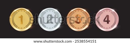 Gold, Silver, Bronze and Rose Gold Medal Set. Champion Trophy Awards with Laurel and Numbers. Vector Illustrations for First to Fourth Place Sports Competitions.