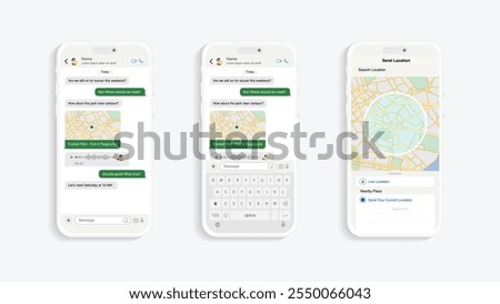 Smartphone Messaging App: Vector UI and UX Design Featuring Chat Bubbles, Dialogues, Location Sharing, and Voice Messaging.