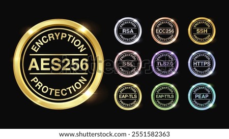 Comprehensive Encryption Icons and Symbols: AES-256, SSL, TLS, RSA, EAP, PEAP, TTLS, ECC-256, SSH, HTTPS for Secure Data Protection. Vector.