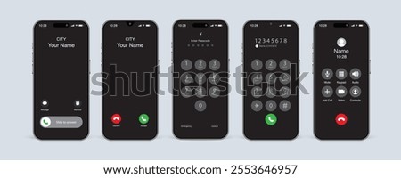 Incoming Call, Slide to Answer, and Unlock Screen. Smartphone Calling App Interface Vector Illustration.