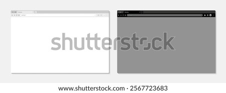 Modern White and Black Browser Window Set: Light and Dark Mode Website Layout Featuring Search Bar, Toolbar, and Buttons