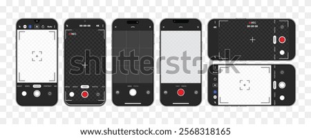 Smartphone Camera Interface: Photo and Video UI for Mobile Apps. Viewfinder, Grid, Focus, and Record Buttons. Vector Mockup for Photography and Selfies. Vector.