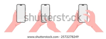 Smartphone Hand and Finger Mockup - Scrolling and Typing on Blank Screen with Keyboard in Mobile Browser. Vector.