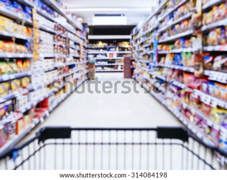 Blurred Supermarket Store with Shopping Cart Retail Consumerism