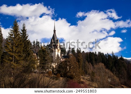 Peles Castle in the Carpathians Mountains, Romania. It\'s built in neo-renaissance style. It is placed in an idyllic setting in Bucegi Mountains, in Sinaia, Brasov. It was built between 1873 and 1914.