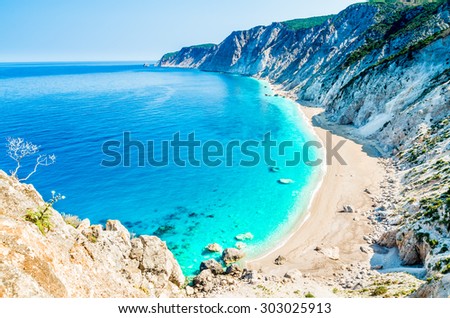Famous Platia Ammos beach in Kefalonia island, Greece. The beach was affected by the earthquake in the spring of 2014 and it is very difficult to go down on the beach.