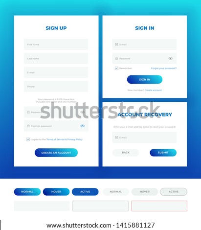 Sign in, sign up, account recovery. Login forms with web elements in different style. Material design template. UI/UX.
