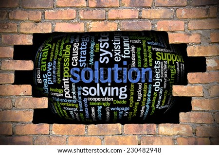 Business Concept - Hole in The Brick Wall Fill With Word Cloud Of Solution And Its Related Words.