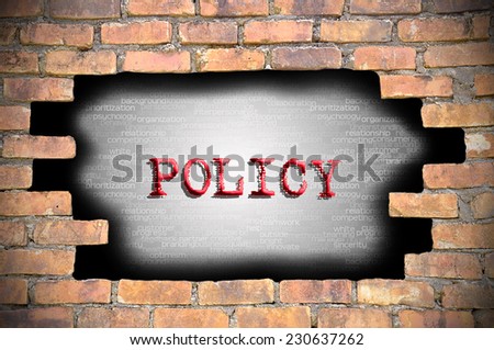 Business Concept - Hole At The Brick Wall And Found Caption Policy Inside The Wall