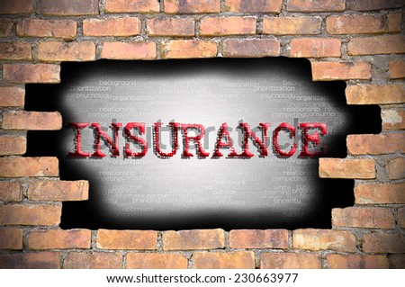 Business Concept - Hole At The Brick Wall And Found Caption Insurance Inside The Wall.