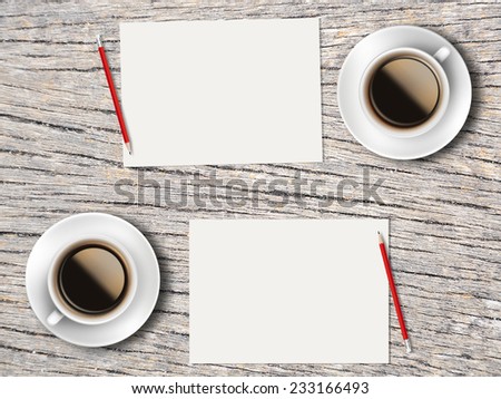 Business Concept (Rotatable) : Two Coffee, Papers And Pencils On The Table  Facing Each Other Head To Head To Compare.