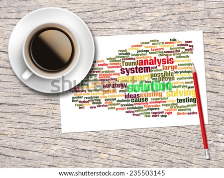 Coffee, Pencil And A Note Contain Word Clouds Of Solution And Its Related Words