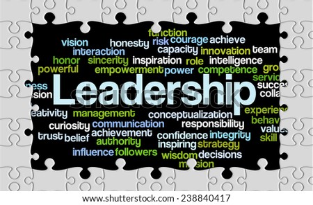 Jigsaw puzzle reveal a wordcloud of Leadership at the background and its related words