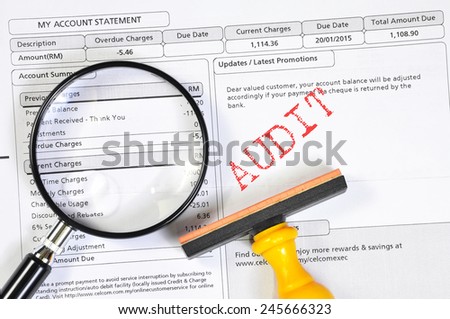 Examining statement with magnifying glass and audit rubber stamp