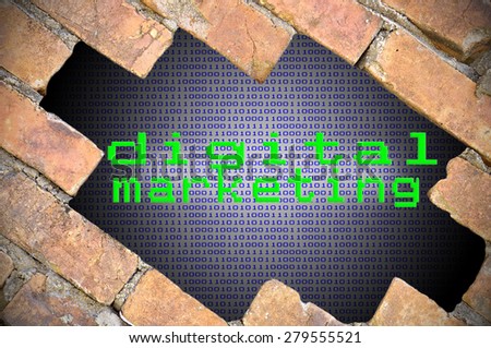 Hole In Brick Wall With Binary Digit Background Inside And Digital Marketing Word.